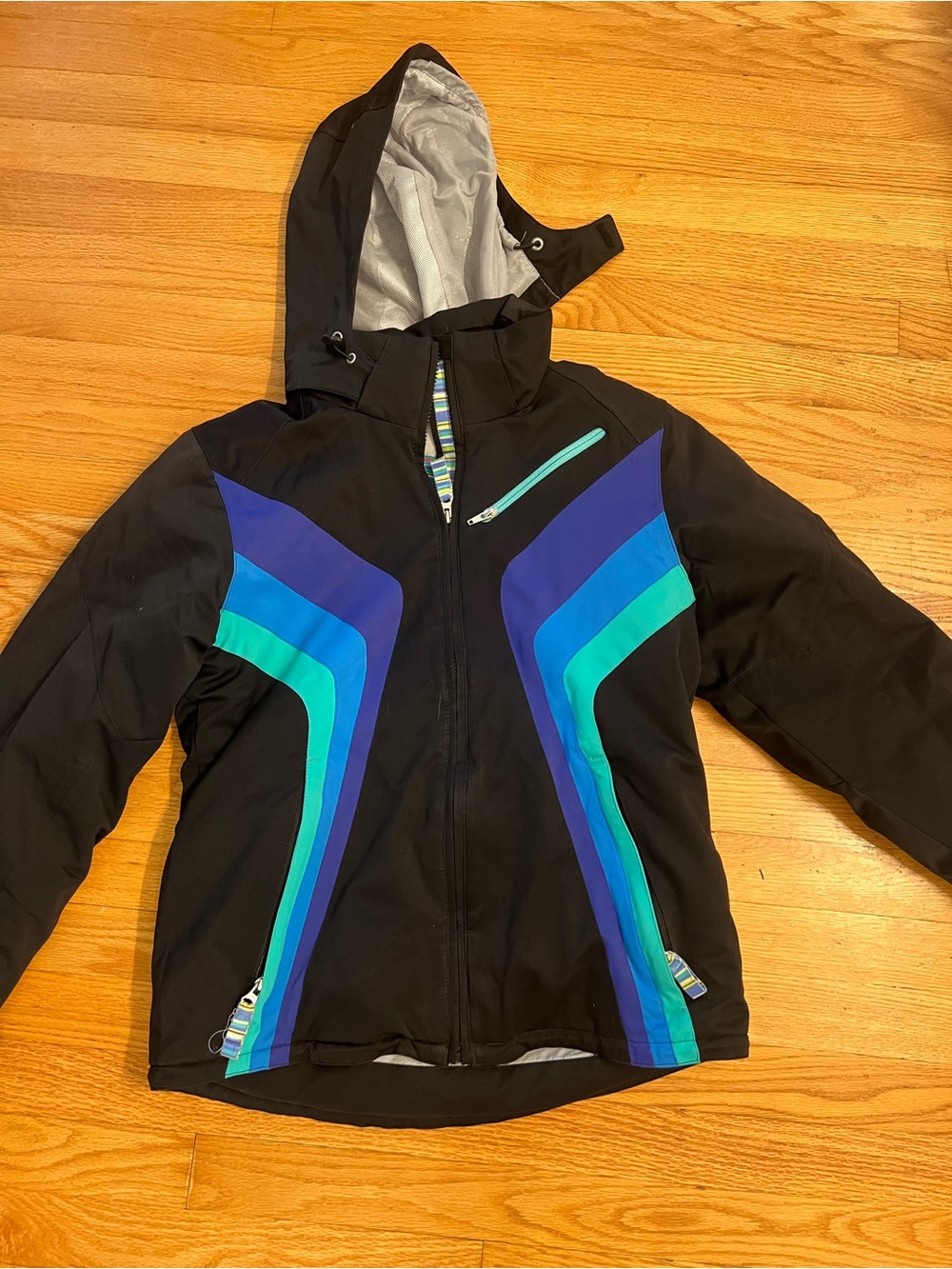 Obermeyer Aurora Black Jacket with Blue, Teal & Purple Chevron Accents